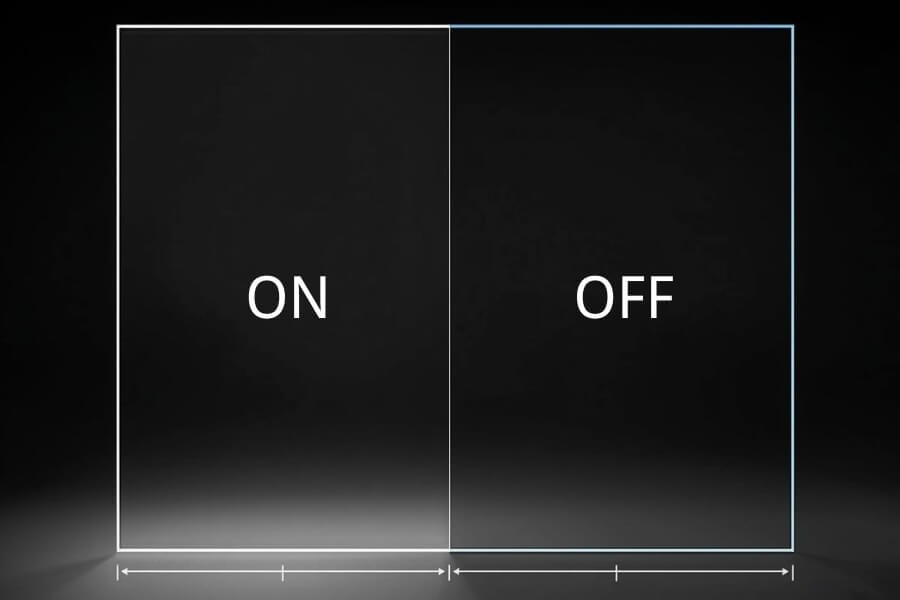 transparent OLED display on and off comparison showing clear panel when inactive and illuminated pixels when active