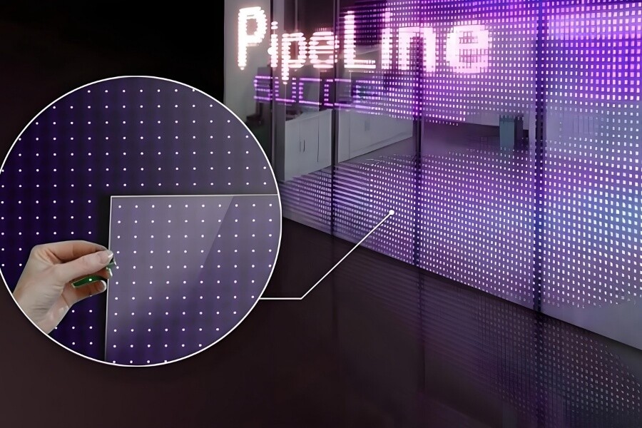 Close view of a transparent LED module with pixel spacing that creates light transmission.