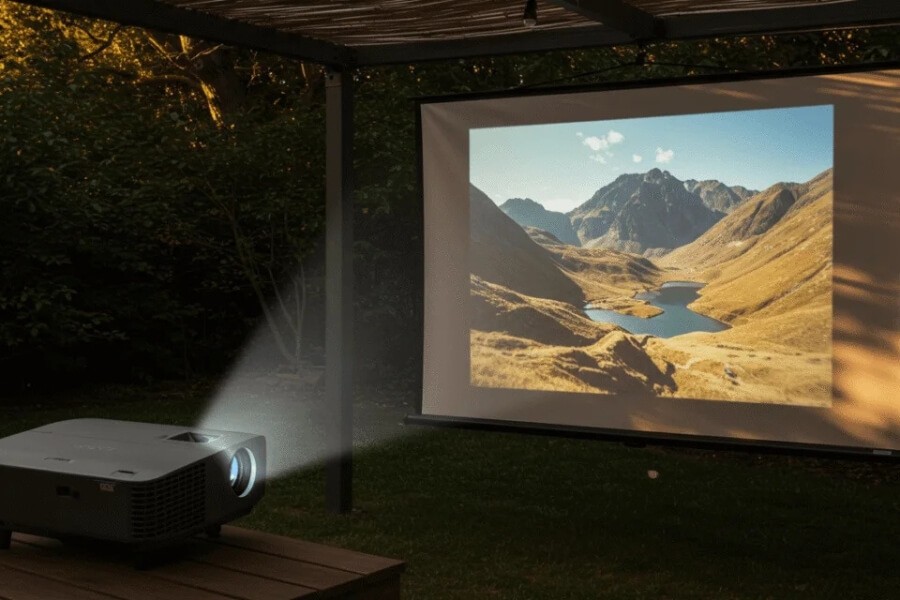 Outdoor projection screens in daylight with sunlight affecting image visibility