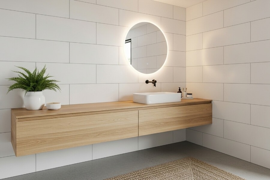 Adaptive smart lighting system in OLED bathroom mirrors, adjusting brightness and color temperature.