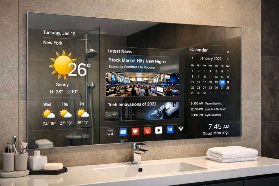 Interactive display in OLED smart mirrors, showing real-time information like weather and news.