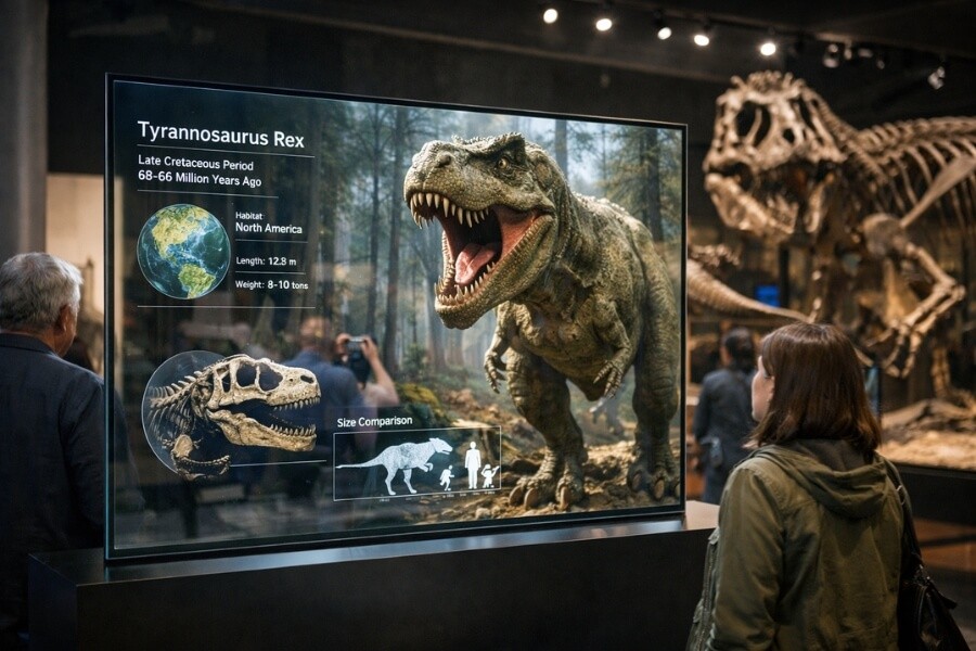 Interactive transparent OLED displays at museums, blending digital content with physical exhibits.