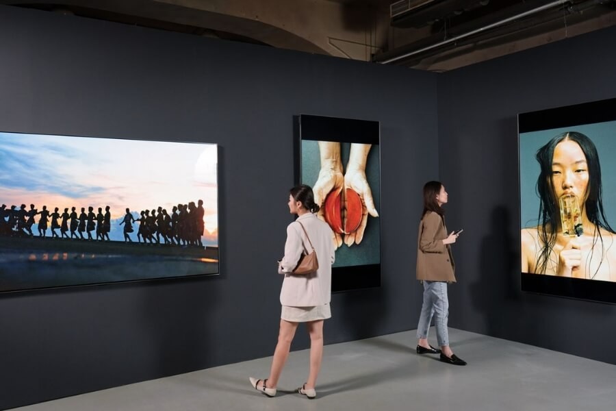 Interactive art installation with transparent OLED displays, allowing audience engagement through motion tracking.