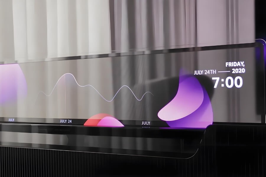 Transparent OLED display in a smart bedroom, showcasing sleep data and ambient information