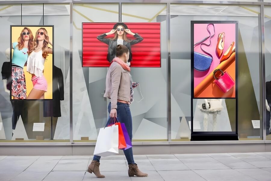 Interactive video wall in a luxury retail window, adjusting brightness to counteract strong sunlight