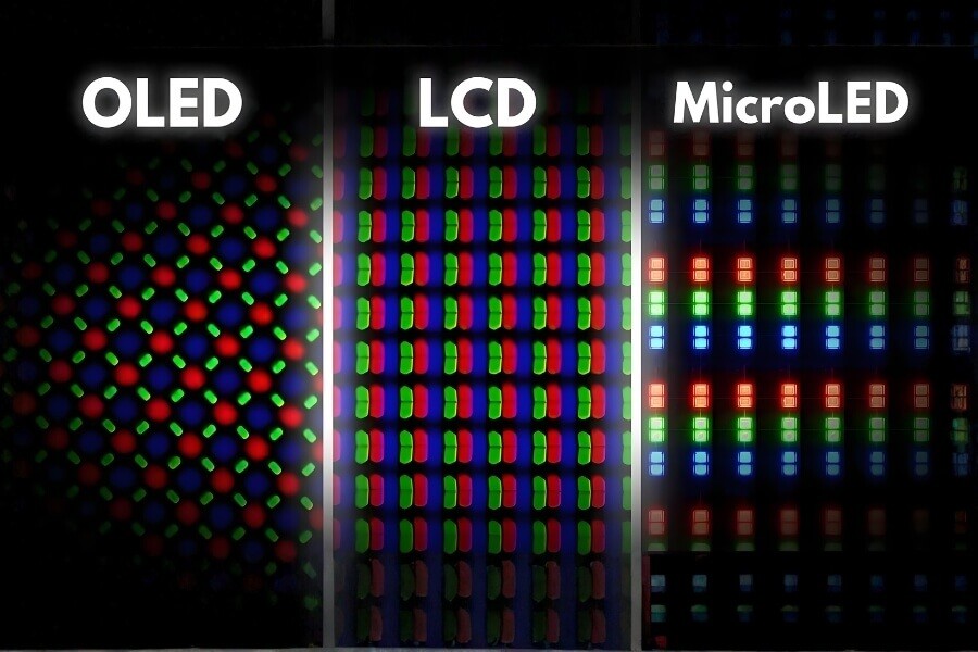 Infographic comparing LCD, OLED, and MicroLED technologies, focusing on brightness, contrast, power consumption, and lifespan.