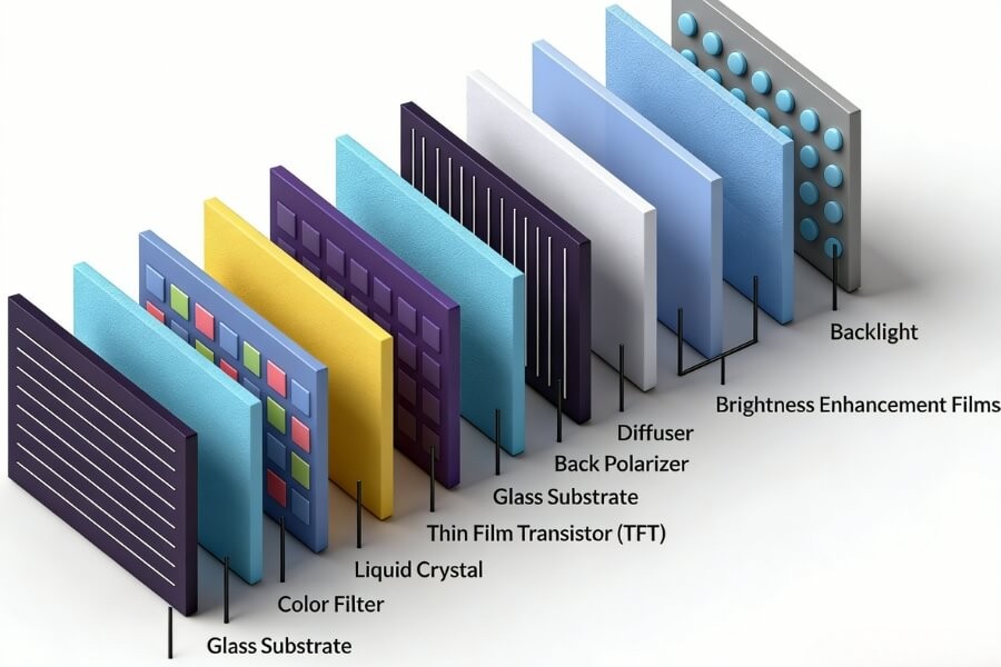 Illustration of how LCD displays work, showing liquid crystal molecules manipulating light through electrical fields.