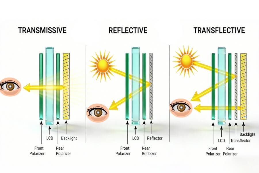 Comparison of reflective, transflective, and transmissive LCD displays in different lighting