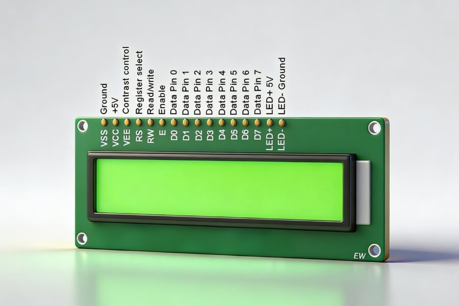 16x2 character LCD module with HD44780 controller pin layout