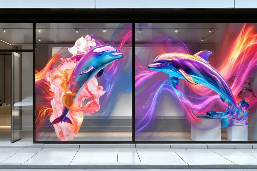 Transparent OLED display integrated into retail glass storefront