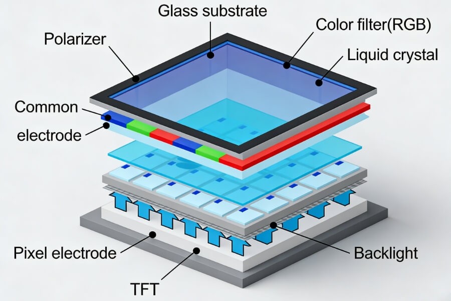 LCD panel structure showing liquid crystal layer and LED backlight