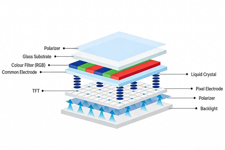 TFT LCD display structure showing backlight liquid crystal layer and TFT matrix