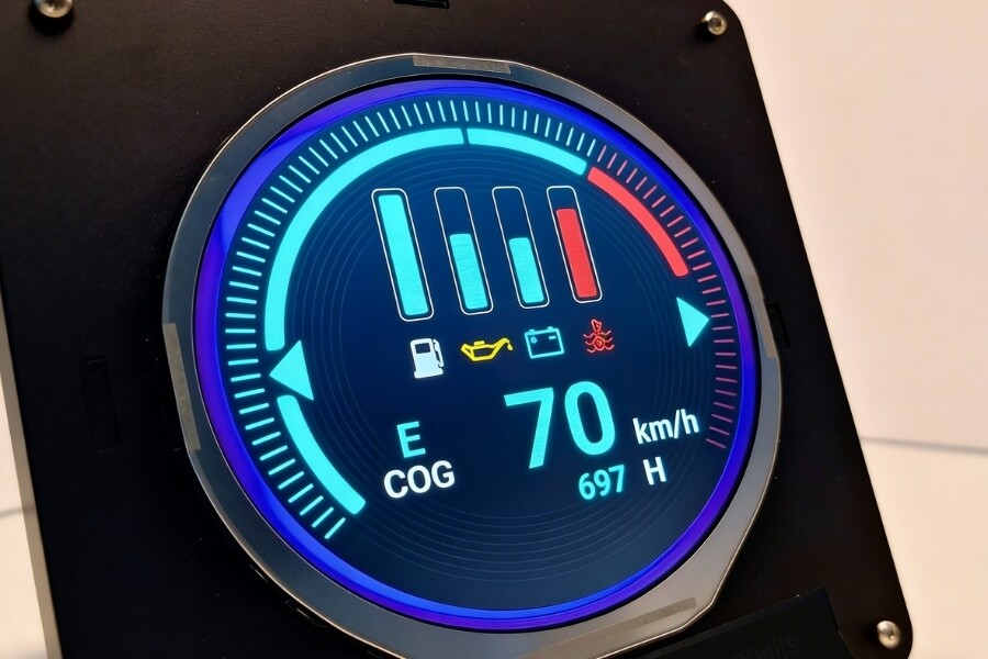 round display interface showing circular gauge and radial UI layout in dashboard system