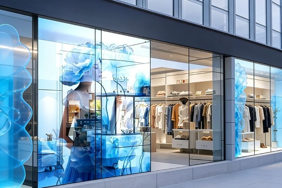 creative window display with transparent OLED screen in retail storefront