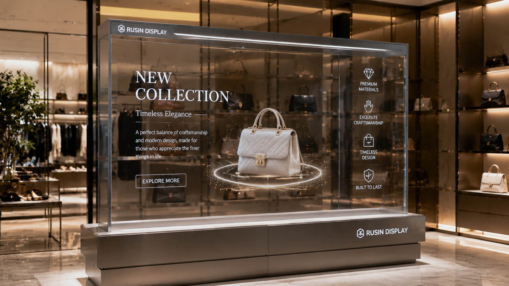 Rusin Display transparent OLED display used in luxury retail product showcase