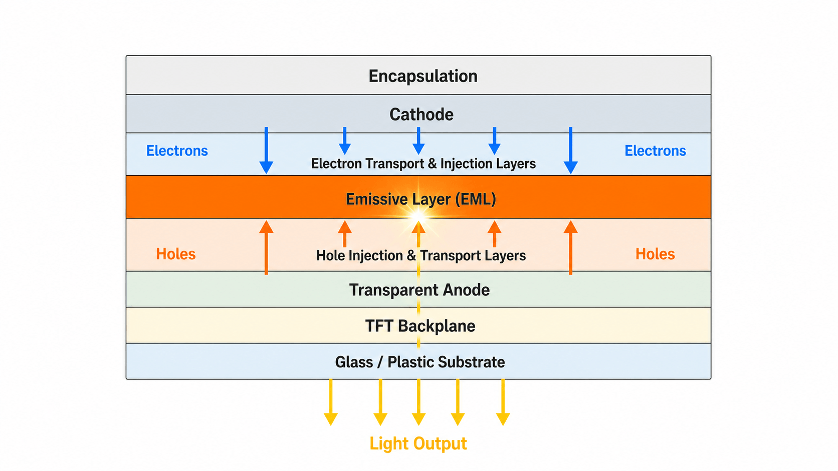 Bottom-emission OLED eight-layer structure showing electron, hole, and light output directions