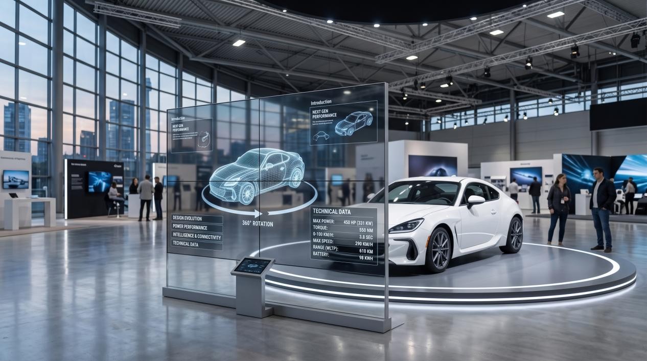 2x2 transparent OLED video wall in an automotive showroom displaying interactive 360 rotation technical specs in front of a white sports car