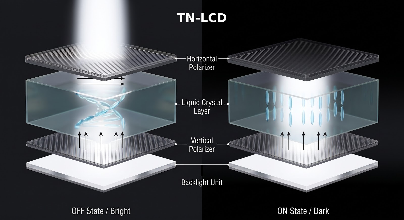 TN LCD working principle diagram comparing OFF state bright and ON state dark liquid crystal alignment