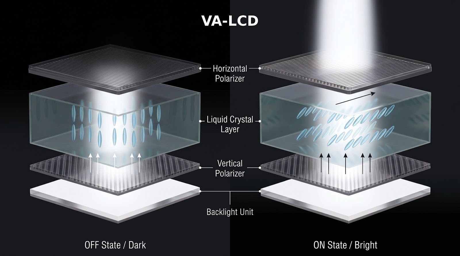  VA LCD panel working principle comparing OFF state dark and ON state bright vertical liquid crystal alignment