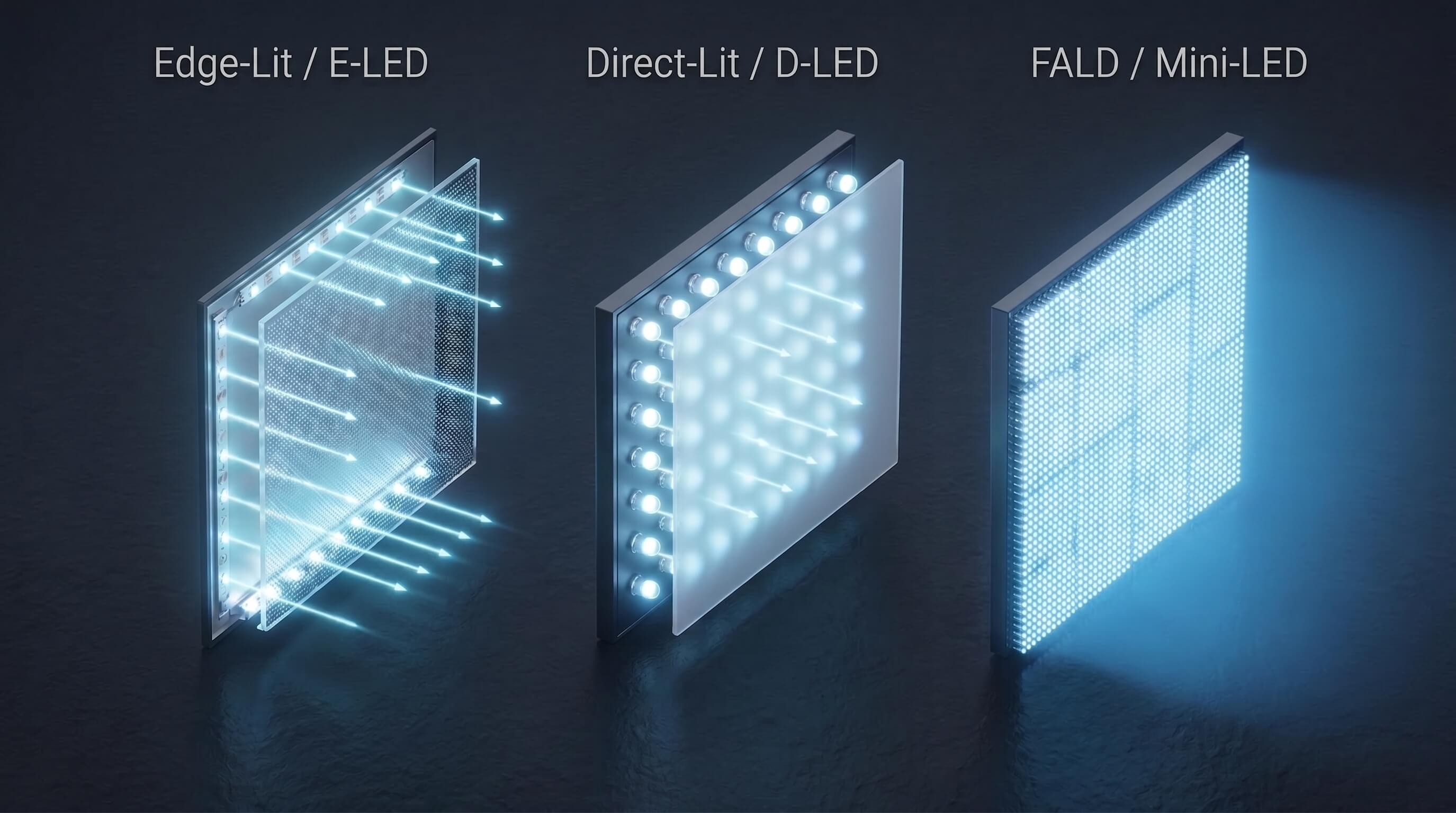 Comparison diagram of TV backlight technologies showing Edge-Lit E-LED, Direct-Lit D-LED, and FALD Mini-LED arrays