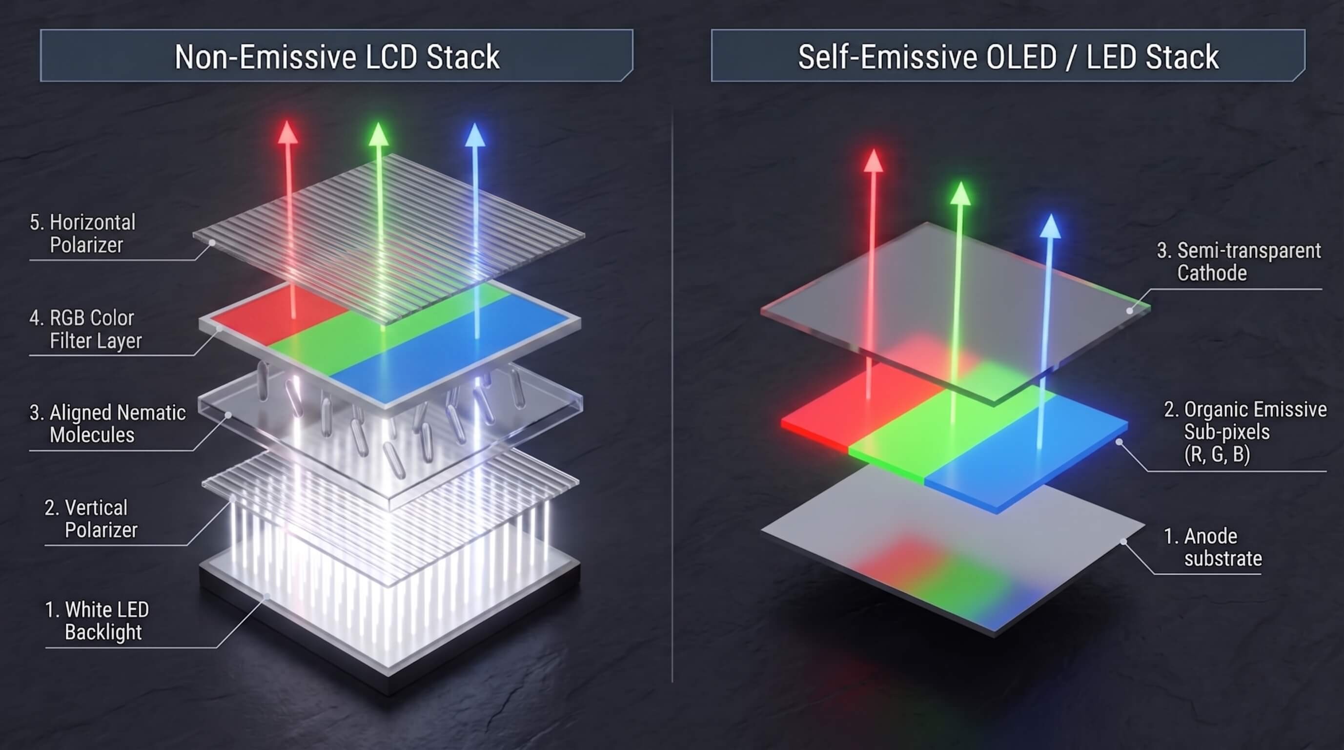 3D exploded view comparing non-emissive LCD stack layers and self-emissive OLED sub-pixels