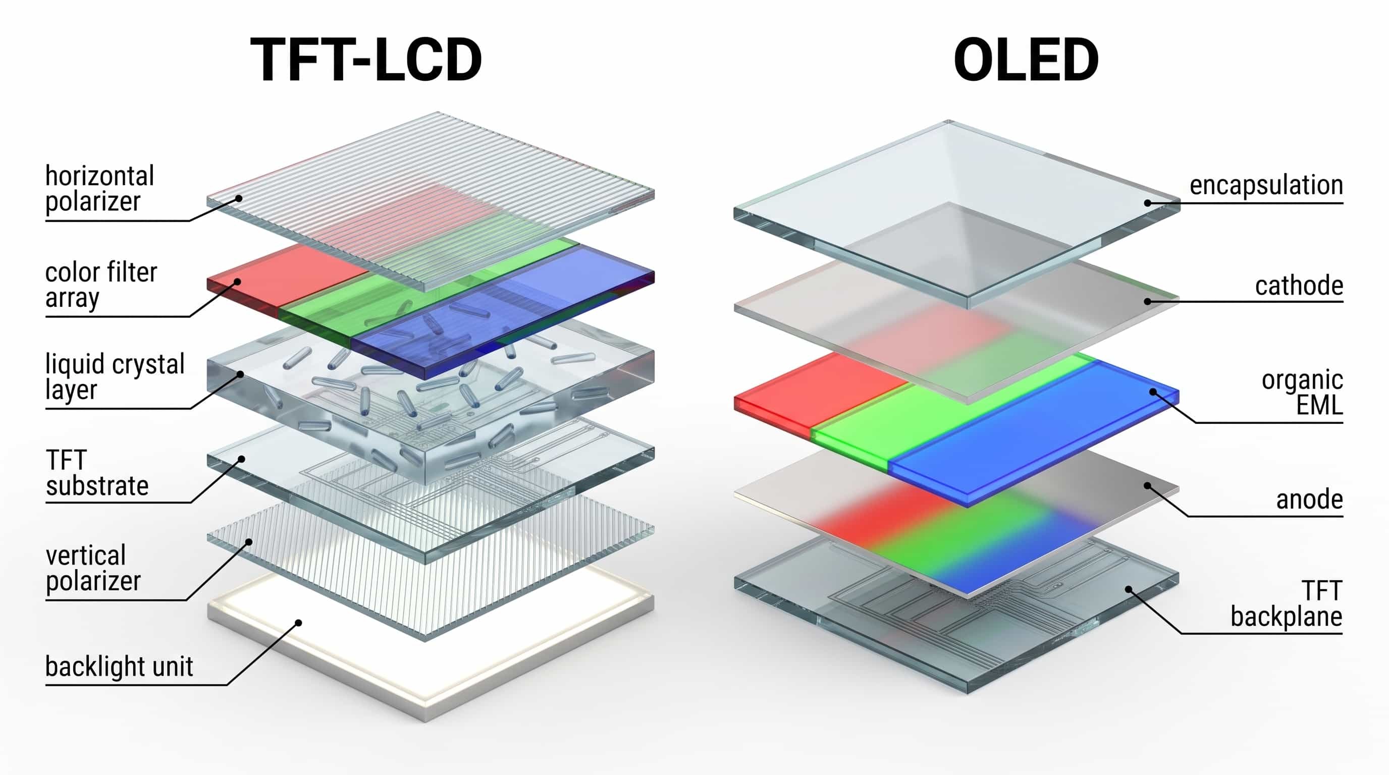 Commercial TFT-LCD vs OLED panel architecture and optical layer stack comparison diagram
