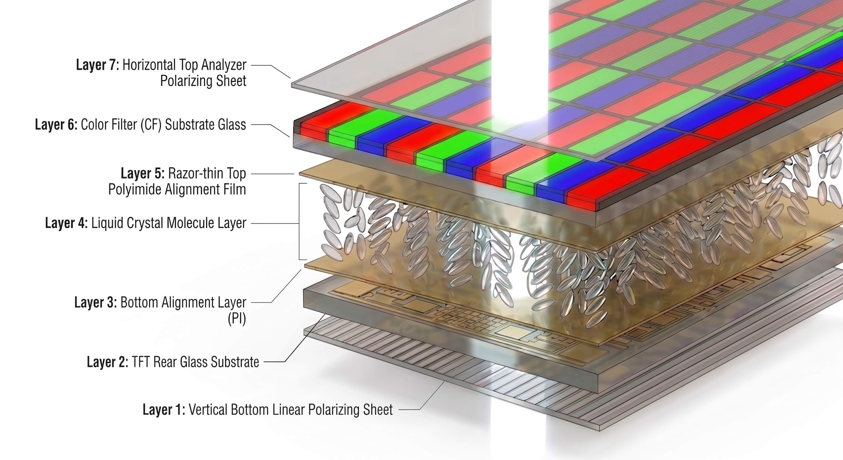 Microscopic 7-layer stack-up cross section of an LCD panel open cell showing polarizing films, glass substrates, liquid crystals, and RGB color filters