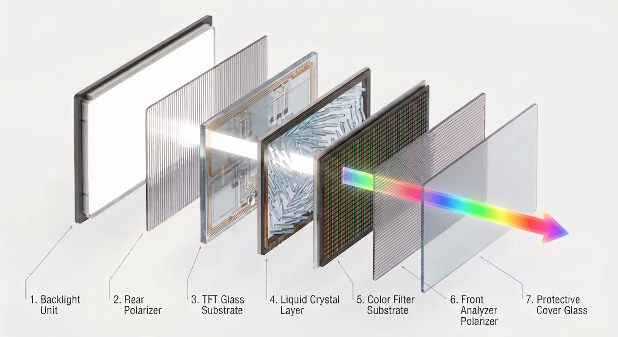 3D exploded view of 7-layer TFT-LCD panel structure from backlight unit to protective cover glass