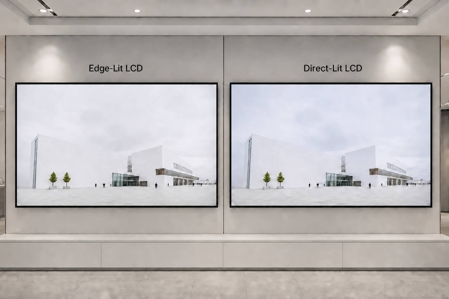 Edge-lit and direct-lit LCD displays showing the same architectural content for a brightness uniformity comparison.