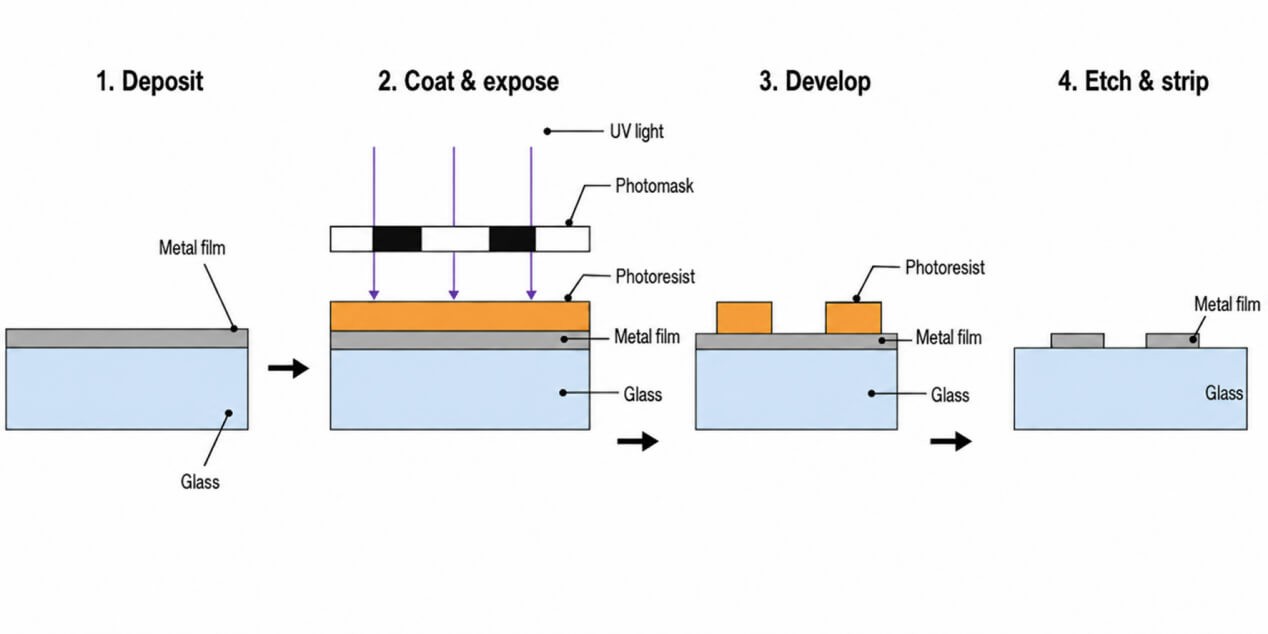 Four steps showing metal deposition, photoresist exposure, development, and etching on LCD glass.
