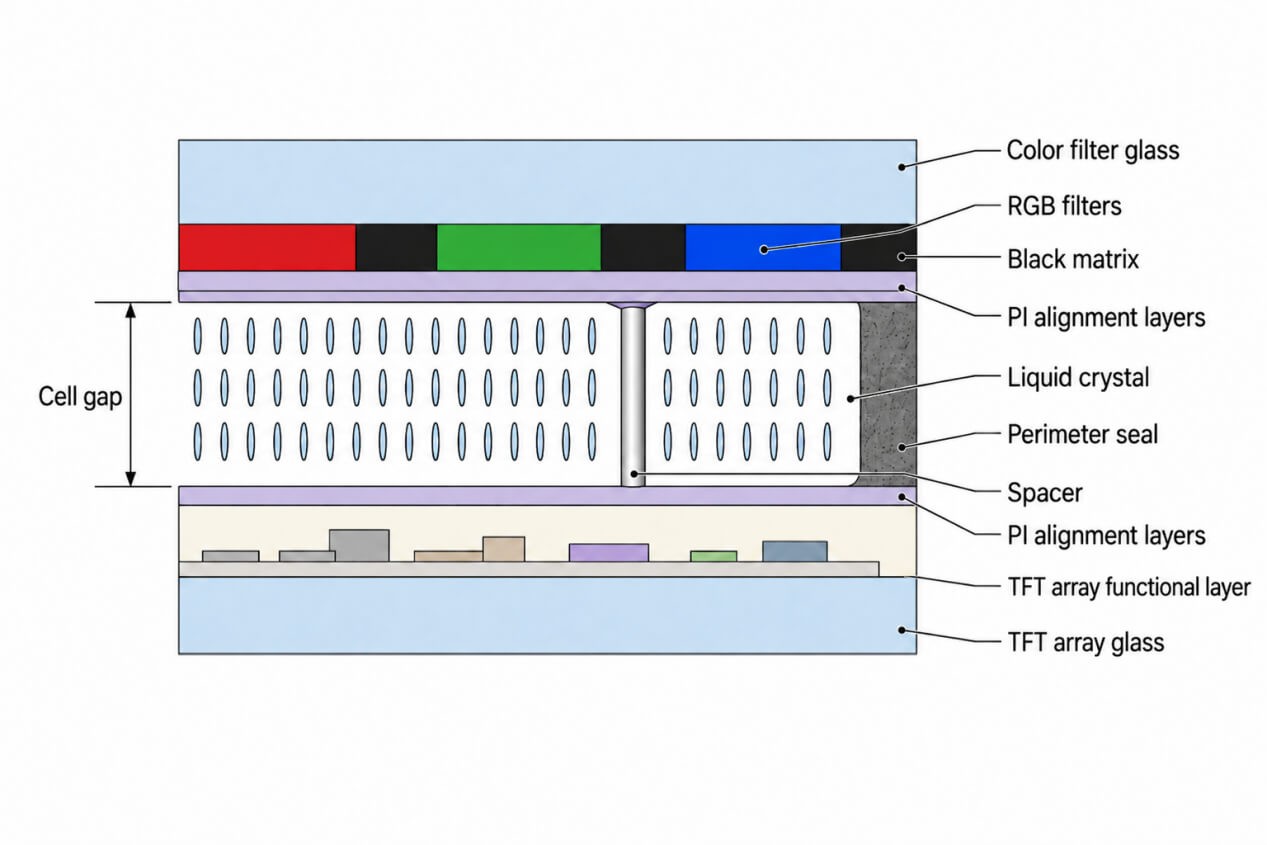 LCD cell cross-section showing alignment layers, liquid crystal, spacers, perimeter seal, and cell gap.