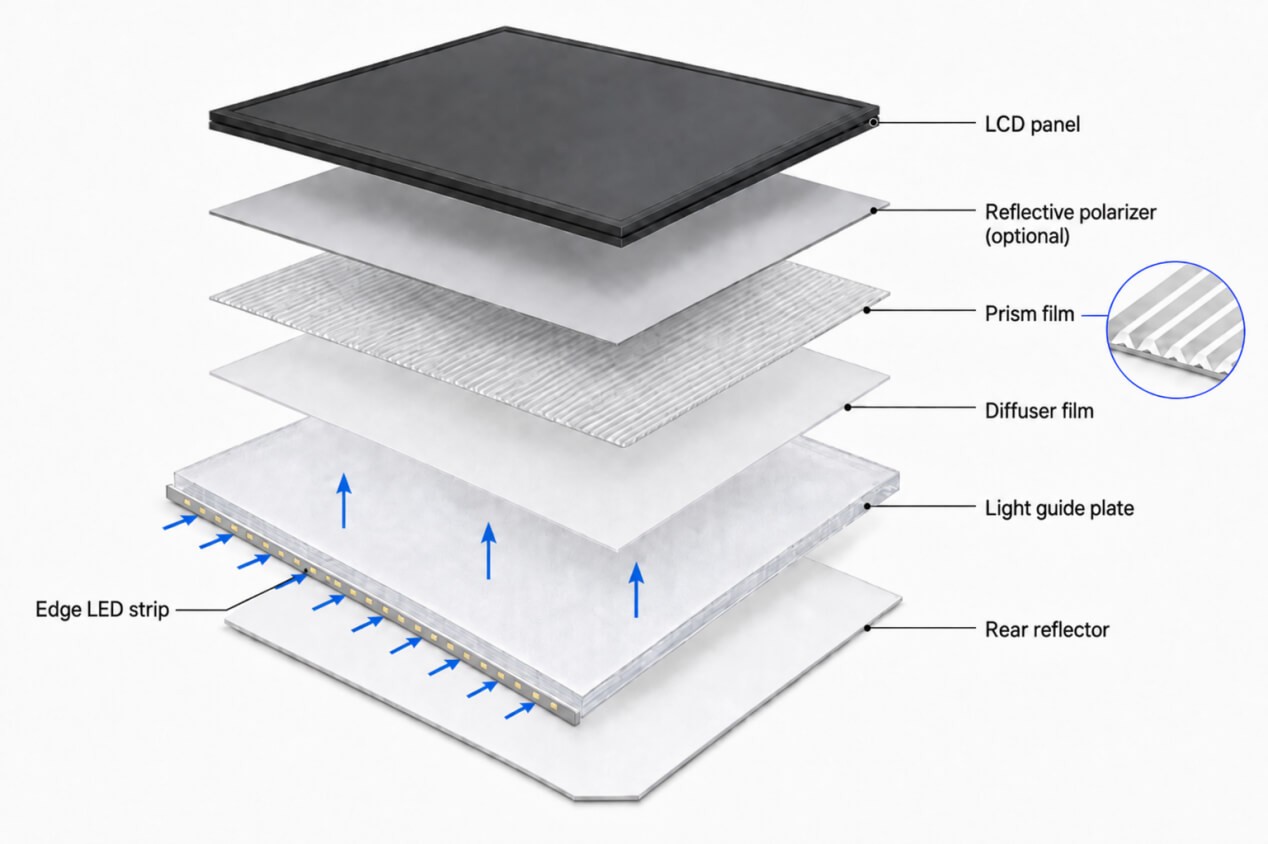 Exploded edge-lit LCD stack showing the reflector, light guide, diffuser, prism film, and optional polarizer.