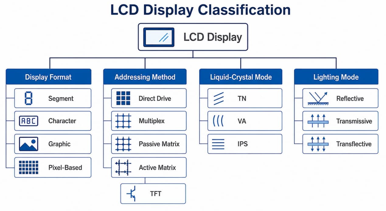 LCD classification map organized by display format, addressing method, liquid crystal mode, and lighting mode