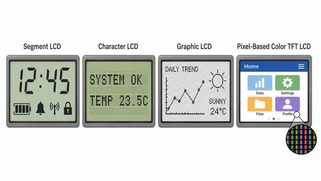 Four LCD formats showing segment, character, monochrome graphic, and pixel-based color TFT displays