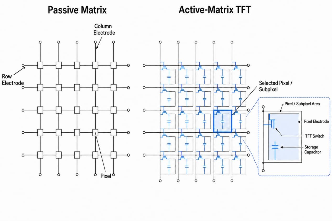 Passive-matrix pixel grid compared with active-matrix TFT pixels using switches and storage capacitors