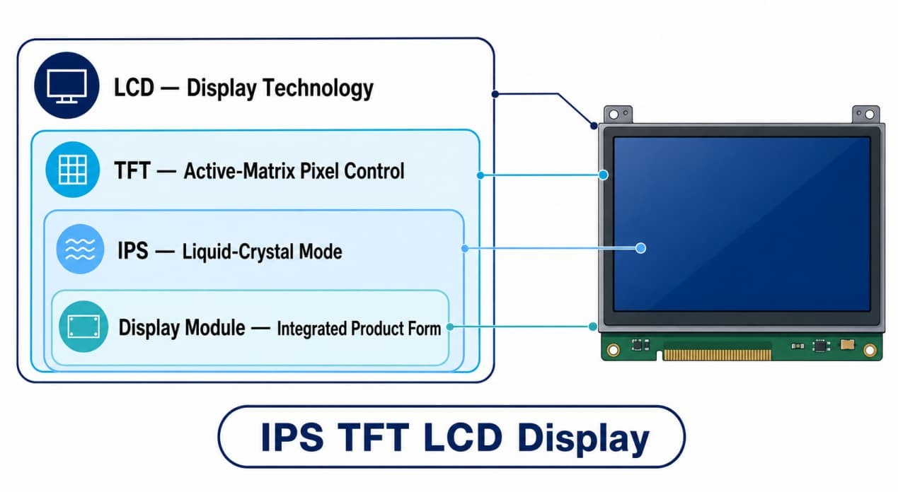 Diagram explaining LCD as the display family, TFT as pixel control, and IPS as the liquid crystal mode