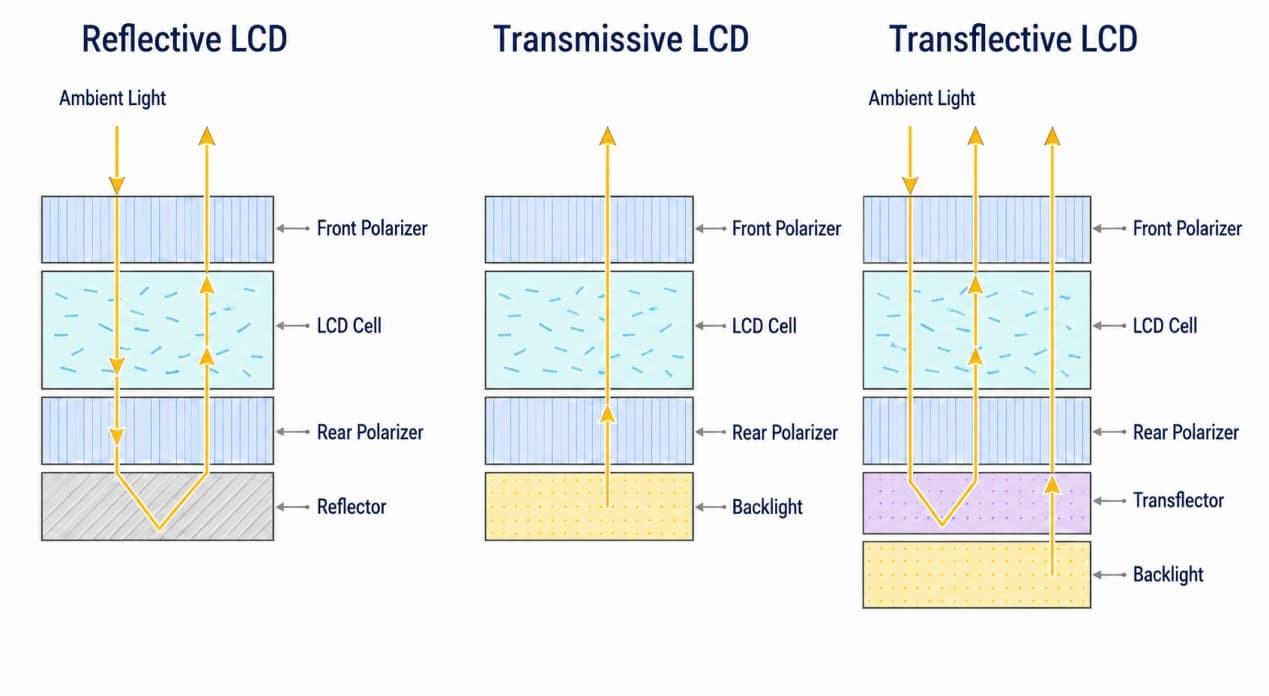 Light paths through reflective, transmissive, and transflective LCD structures shown in cross section