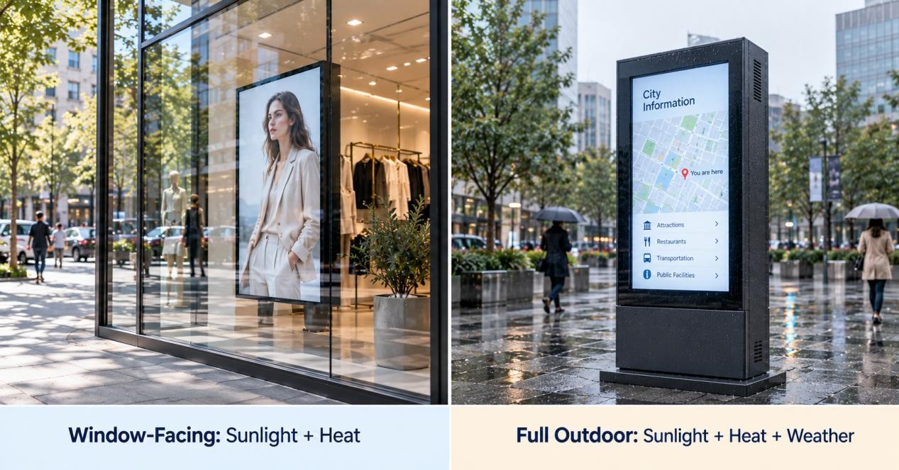 Window-facing vs full-outdoor LCD display installation comparison