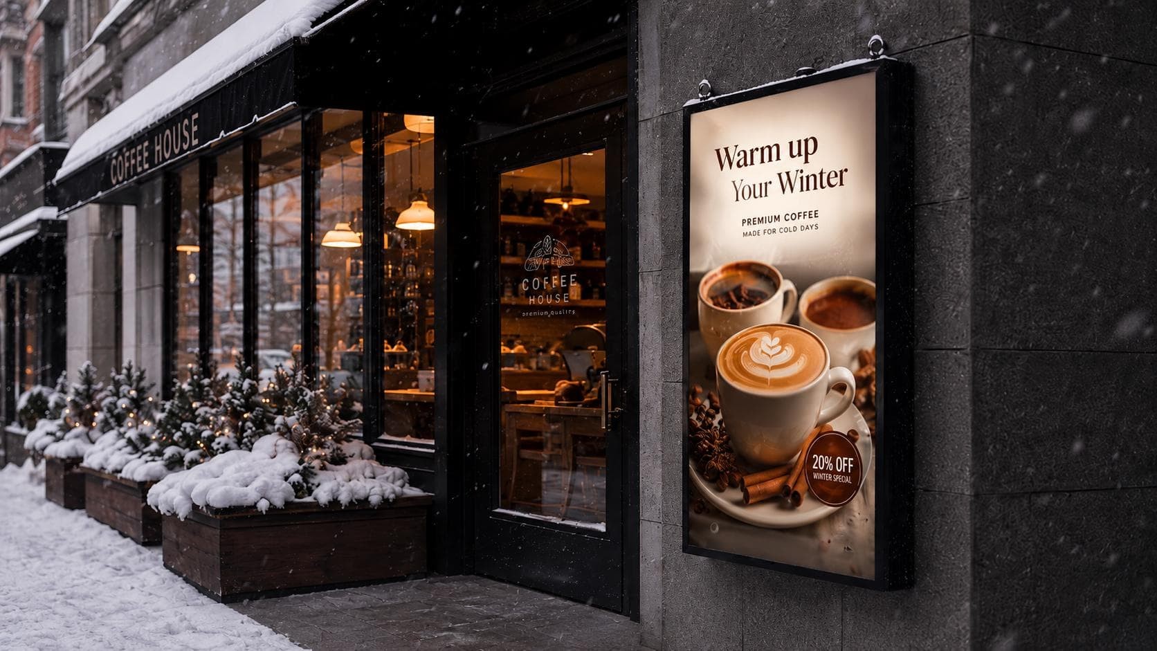Outdoor LCD advertising display outside a coffee shop in winter