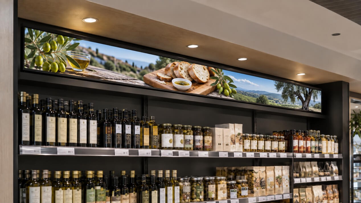 shelf edge LCD screen installed above retail shelves for product information display