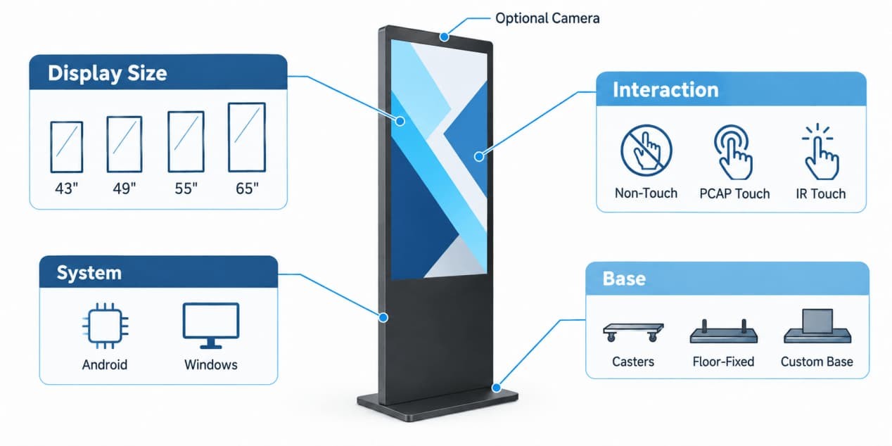 Configurable floor-standing digital signage with size, system, touch, camera, and base options