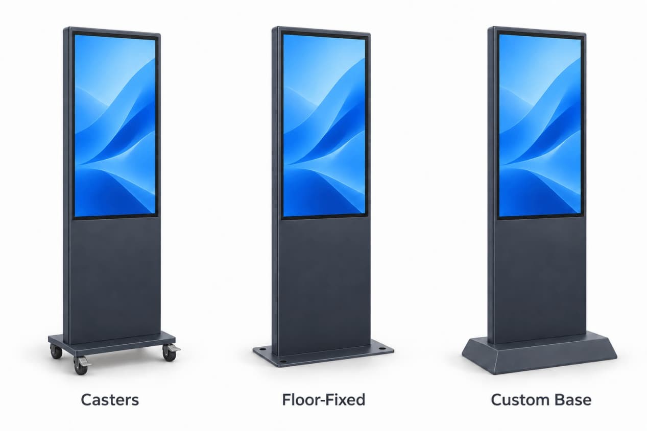 Floor-standing digital signage shown with caster, floor-fixed, and customized base configurations