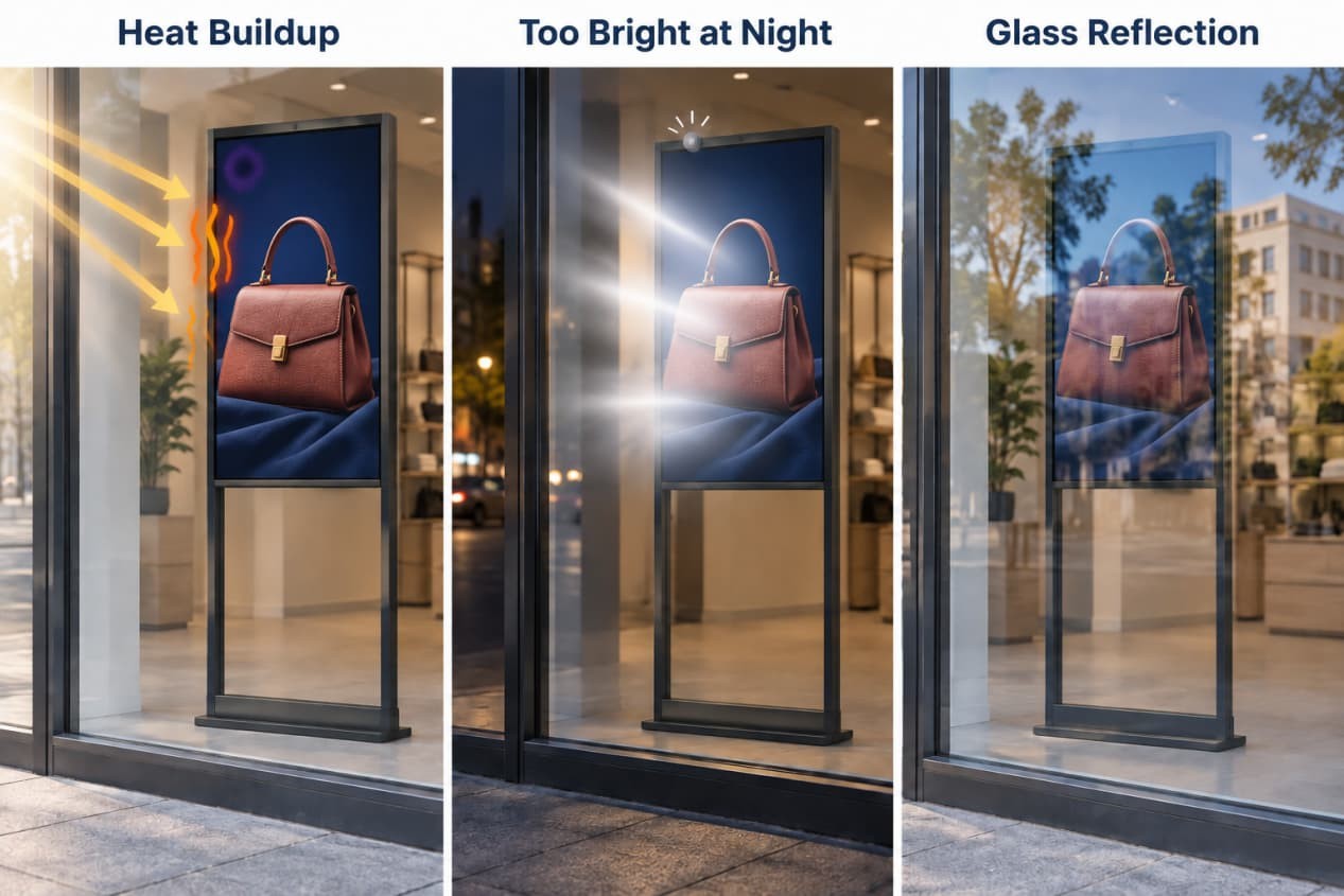 Outward-facing window displays showing heat buildup, excessive nighttime brightness, and glass reflections