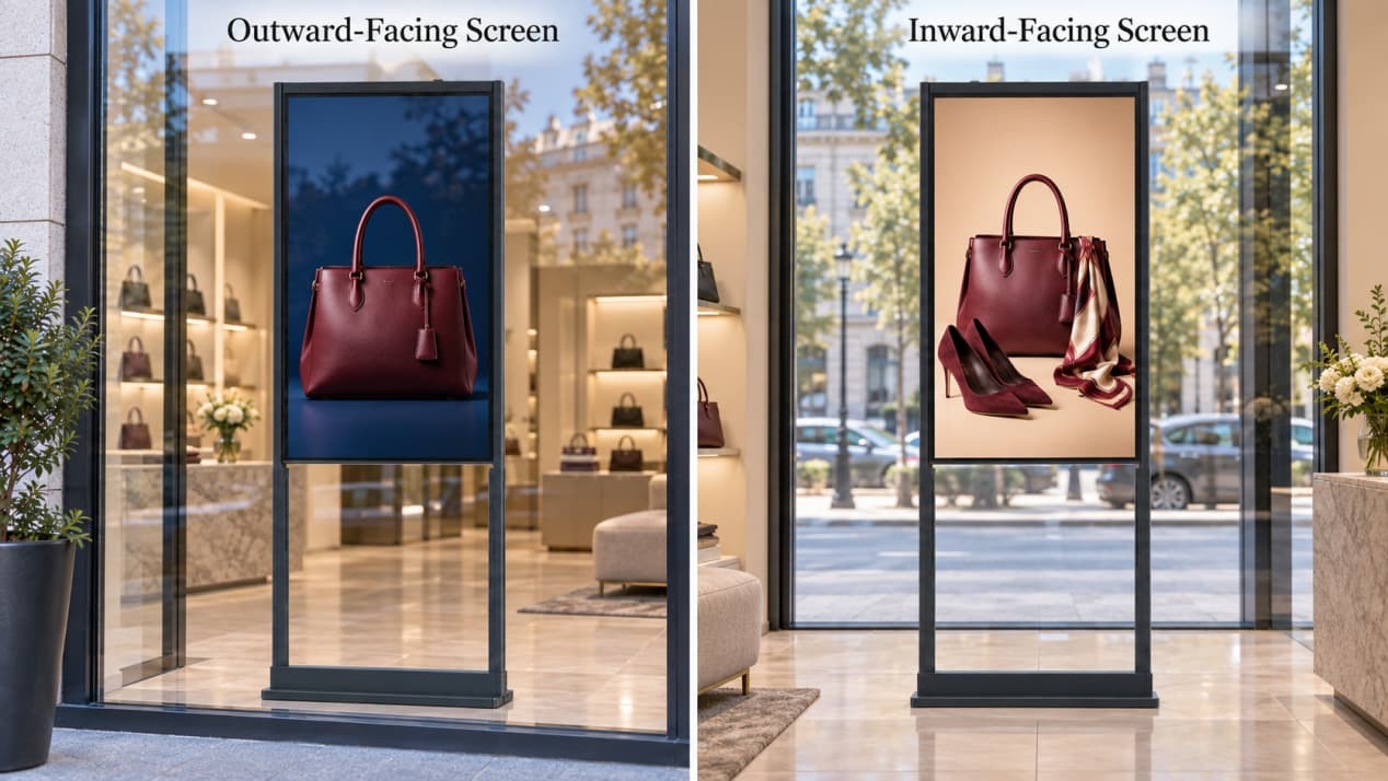Double-sided window display with a handbag campaign facing outside and coordinated products facing inside