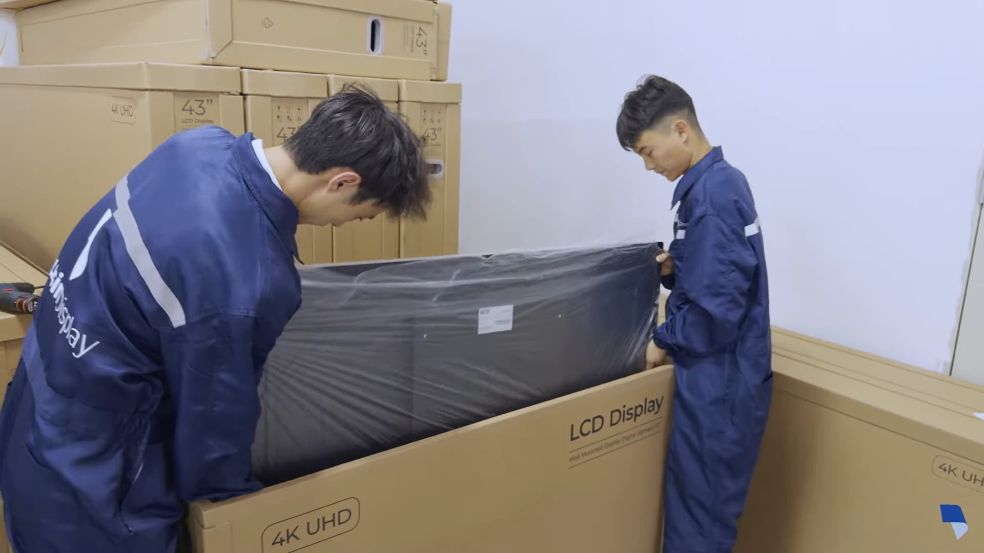 55-inch digital signage units packed in honeycomb boxes, ready for wooden-case reinforcement