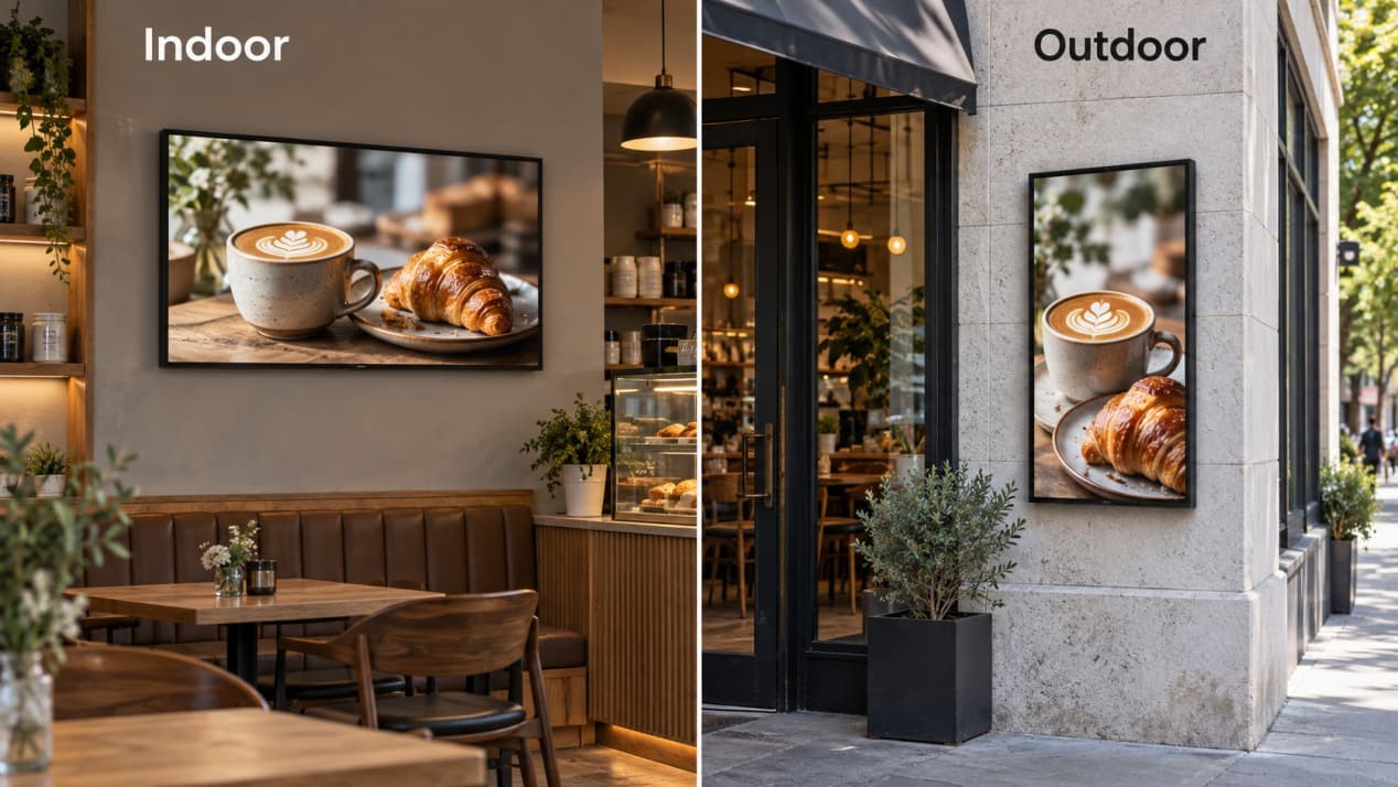 Landscape display inside a café and portrait display mounted on its exterior wall beside the entrance
