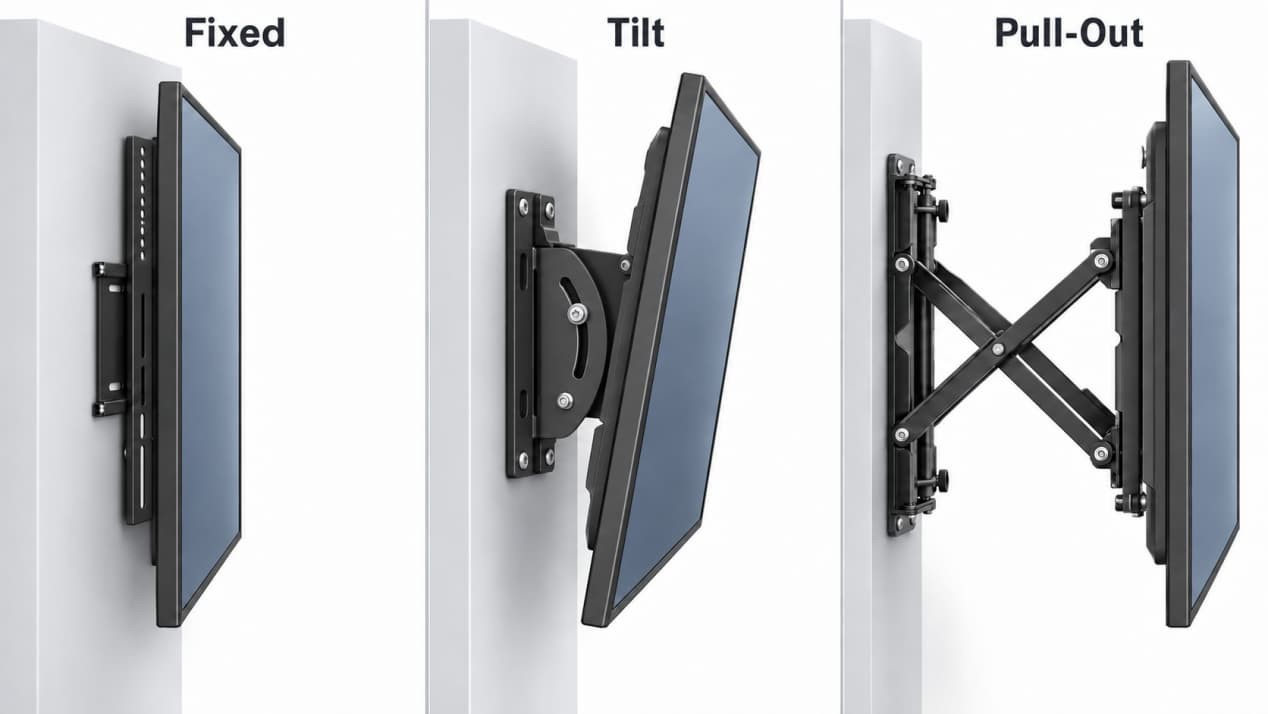 Side views of fixed, tilt, and extended pull-out wall mounts supporting the same commercial display