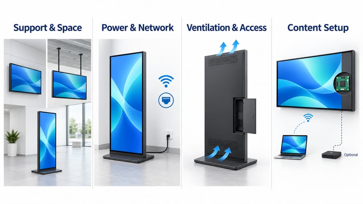 Digital signage site preparation showing mounting support, power and network, ventilation, and content setup