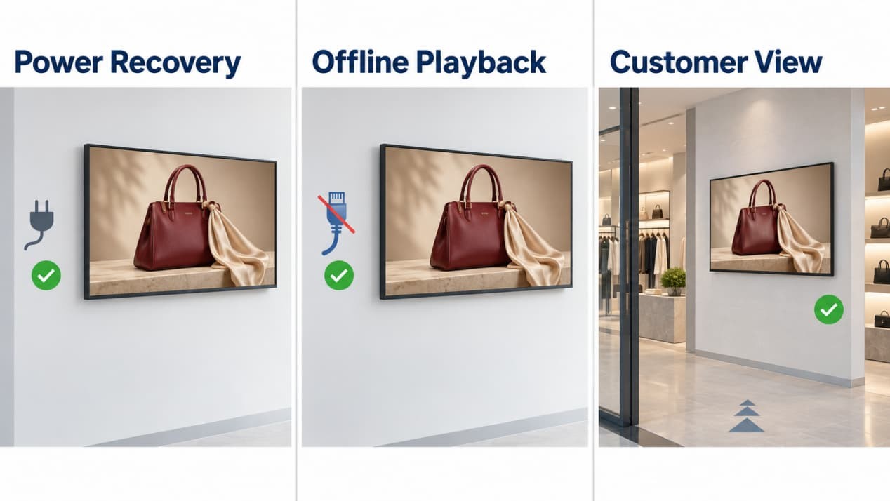 Three digital signage acceptance tests covering power recovery, offline playback and customer viewing position