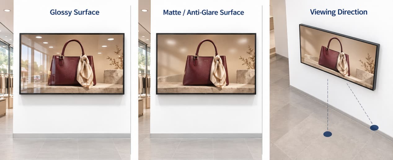 Glossy and anti-glare screen surfaces compared with off-axis viewing on customer-facing commercial displays